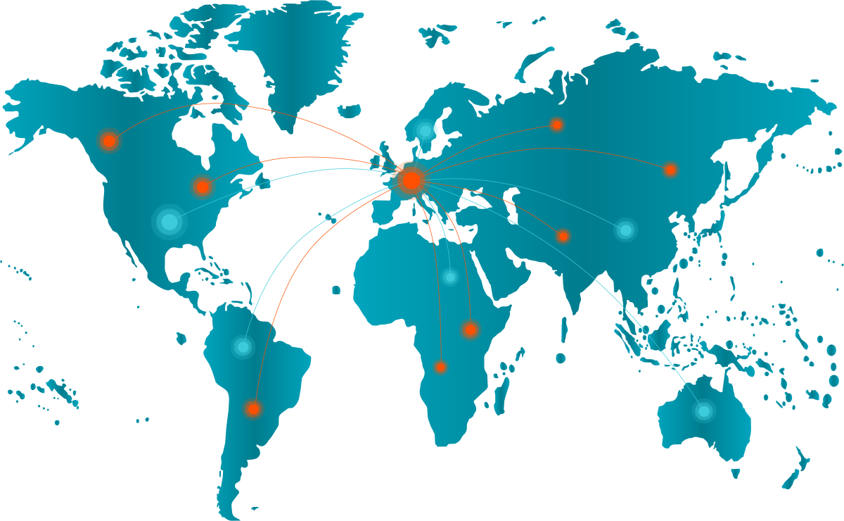 World map with global locations and the headquarters of AMW in Warngau