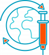 schematic globe with a filled syringe and two arrows representing circulation